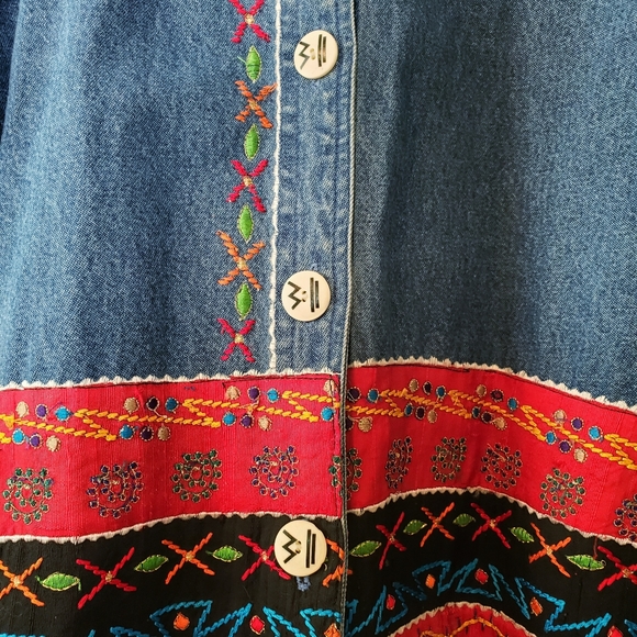 Aztec Southwestern Tribal Boho Embroidered Denim Jean Jacket - Picture 5 of 11
